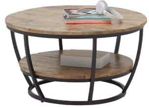 runde Tischplatte und untere Ablage aus naturbelassenem Mangoholz 22mm (Oberfläche uneben), Gestell Metall schwarz pulverbeschichtet, D/H 86,5/44cm Hinweis Maßangaben Alle genannten Maßangaben sind Circa-Maße