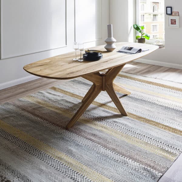 Wildeiche massiv, geölt, Platte 27 mm stark, oval, mit schweizer Kante, Spidergestell, versch. Größen