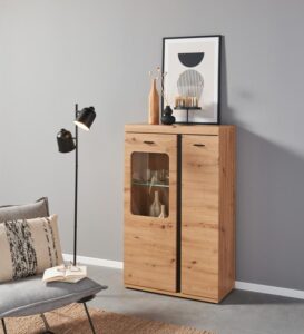 in -R8 Artisan Eiche Nachbildung, Absetzung Schwarz, 1 Tür, 1 Tür mit Teilverglasung, 2 Einlegeböden verstellbar, 1 Glasboden, 2 Konstruktionsböden, BHT 80/130/38cm