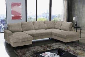 Stoff Poso 3, U-Form, mit Bettfunktion und Bettkasten, inklusive 6 Rückenkissen (je 65x45x12cm), Sitz Schaumstoffpolserung T-30, Rest Schaumstoffpolsterung R-25, Wellenunterfederung, Metallfüße schwarz, BHT 303x48/84*x148/197cm -*mit Kissen, Liegefläche 265x135cm, Sitzhöhe 46cm, Sitztiefe 57cmHinweis Maßangaben
Alle genannten Maßangaben sind Circa-Maße