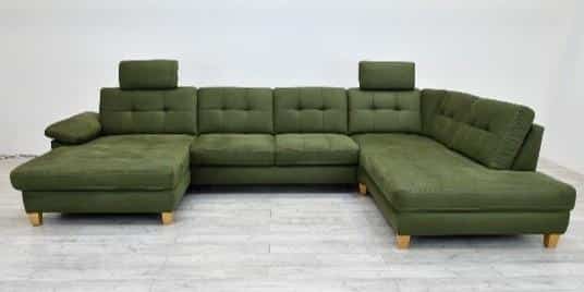 (RC/90/KURZ/li-2EL/70/KURZ-2HO/70/ASR/STV/re) Gaucho 4421 green, Kontrastnaht U8737 taupe Bezug Lederoptik grün, Polsterung mit NovaSpring-Federkern auf dauerelastischer Wellenunterfederung, Armlehne Typ 1, Holzfuß TYP 1 eichefarbig, Sitz- und Rücken TYP 4 - gesteppt mit Doppelnähten, Stellmaß ca. 168x372x200 cm, auch seitenverkehrt erhältlich Hinweis Maßangaben Alle genannten Maßangaben sind Circa-Maße