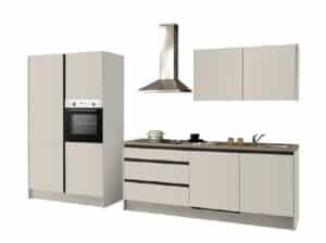 Leerblock, Front/Korpus Kashmirgrau, Akzente schwarz, Griffmulden, APL 38mm Granit grau, BHT 210x211x60cm und 125x211x60cm, Arbeitshöhe ca. 91cm, Sockelhöhe ca. 15cm, Nischenmaß Kühlschrank 88cm, inkl. Türblende für integrierten GSP, ohne Einbauspüle