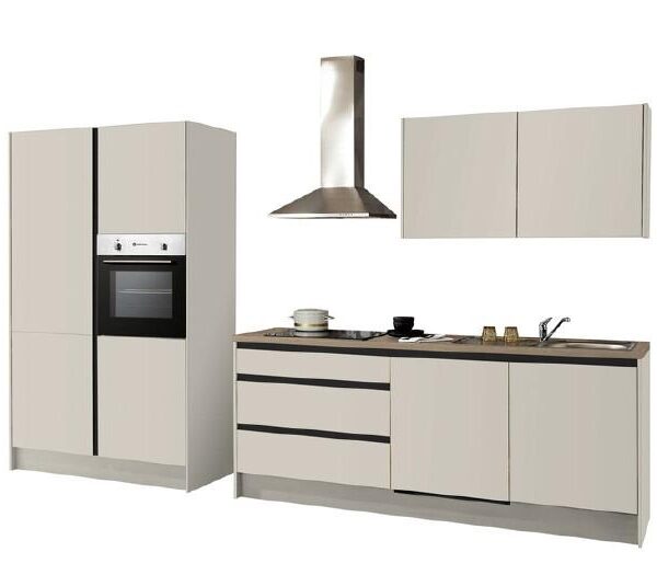 Leerblock, Front/Korpus Kashmirgrau, Akzente schwarz, Griffmulden, APL 38mm Granit grau, BHT 210x211x60cm und 125x211x60cm, Arbeitshöhe ca. 91cm, Sockelhöhe ca. 15cm, Nischenmaß Kühlschrank 88cm, inkl. Türblende für integrierten GSP, ohne Einbauspüle