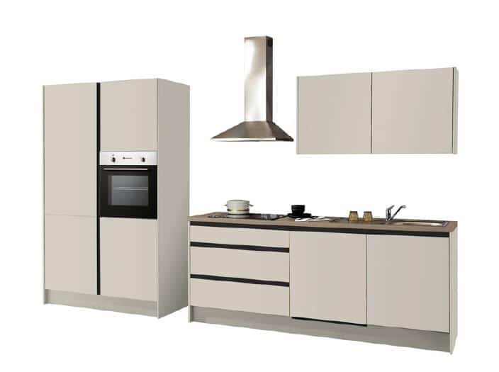 Leerblock, Front/Korpus Kashmirgrau, Akzente schwarz, Griffmulden, APL 38mm Granit grau, BHT 210x211x60cm und 125x211x60cm, Arbeitshöhe ca. 91cm, Sockelhöhe ca. 15cm, Nischenmaß Kühlschrank 88cm, inkl. Türblende für integrierten GSP, ohne Einbauspüle