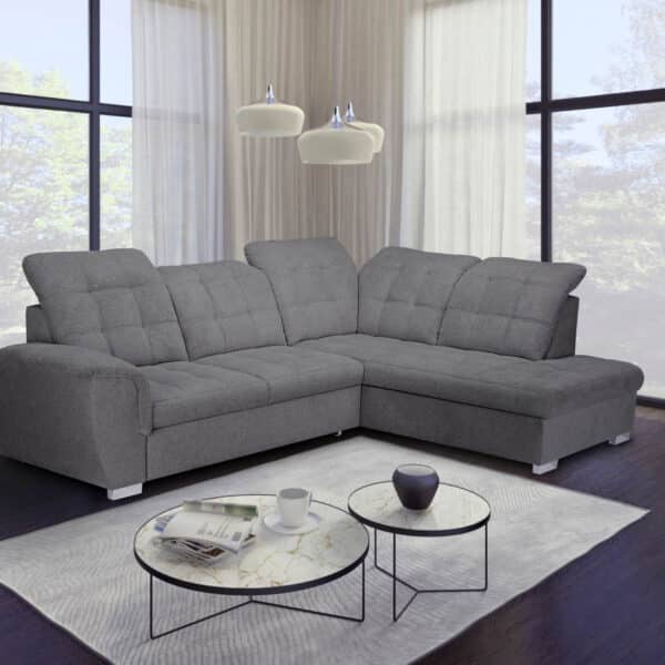 Stoff Glow 18 grey, mit Bettfunktion, Bettkasten und verstellbaren Kopfstützen, Schaumstoffpolsterung, Wellenunterfederung, Kunststofffüße chromfarbig 6cm, BHT 260x72-102x205cm, Liegefläche 190x125cm, Sitzhöhe 45cm, Sitztiefe 60cm Hinweis Maßangaben Alle genannten Maßangaben sind Circa-Maße