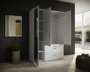 KLS 3-trg., Front/Korpus Melamin, Farbe Weiß mit Spiegel, 3 SK, 2 Holz- und 1 Spiegeltür, Inneneinteilung 1 Mittelseite/rechts 1 Boden und 1 Kleiderstange/links 4 Böden (oberer SK mit Einteilung), BHT 135x195x56cm