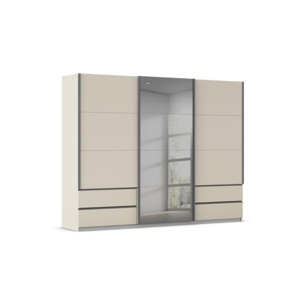 3-türig in champagner, mittlere Türe Grauspiegel, Griffleisten grau-metallic, rechts und links je 2 Schubkästen,BHT ca. 271/210/62 cm Hinweis Maßangaben Alle genannten Maßangaben sind Circa-Maße Sondertext EK Türdämpfer und Mitteltürendämpfer optional