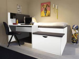 Korpus/Front Dekor, Farbe Weiß bzw. Riva Eiche, inklusive Stauraumbox mit 1 Klappe, Schreibpult und Hängeboard Metall Schwarz, Polsterkopfteil Webstoff Grau, Liegefläche 90x200 cm, BHT 135,5x124,5x205,4 cm, (ohne Auflagen und Rahmen)Hinweis Maßangaben
Alle genannten Maßangaben sind Circa-Maße