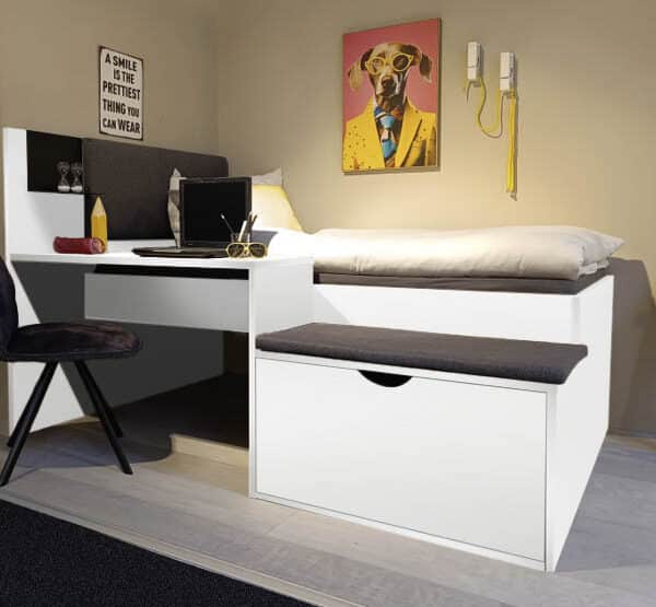 Korpus/Front Dekor, Farbe Weiß bzw. Riva Eiche, inklusive Stauraumbox mit 1 Klappe, Schreibpult und Hängeboard Metall Schwarz, Polsterkopfteil Webstoff Grau, Liegefläche 90x200 cm, BHT 135,5x124,5x205,4 cm, (ohne Auflagen und Rahmen) Hinweis Maßangaben Alle genannten Maßangaben sind Circa-Maße