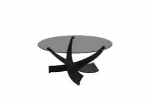 Couchtisch rund,Tischplatte 8mm Sicherheitsglas grau getönt,
Untergestell geschwungen
Metall schwarz pulverbeschichte