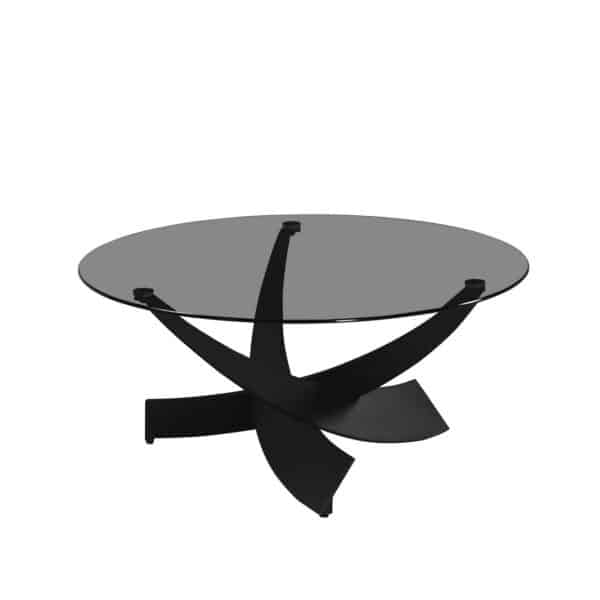 Couchtisch rund, Tischplatte 8mm Sicherheitsglas grau getönt, Untergestell geschwungen Metall schwarz pulverbeschichte