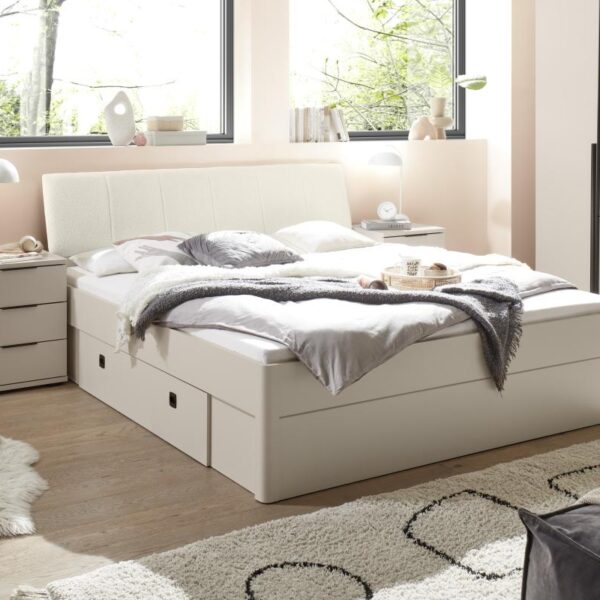 Korpus/Front Dekor, Farbe Kaschmir, Kopfteil gepolstert/Webstoff beige, inklusive 2 Bettschubkästen (ohne Auflagen und Rahmen), BHT 185x97x234cm, Liegefläche 180x200cm Hinweis Maßangaben Alle genannten Maßangaben sind Circa-Maße