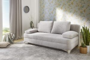 in 578/19 Jacquard-Cordoptik hellgrau - 100% Polyester, Schaumpolsterung mit Nosagunterfederung, Bettkasten, 2 große Rückenkissen und 2 Armlehnkissen, Rücken echt, Sitzhöhe 45cm, Sitztiefe 48/79cm, Sitzbreite 135/200cm, Liegefläche 154/201cm, BHT 202/89/99cm, max. Belastbarkeit 110kg pro SitzHinweis Maßangaben Alle genannten Maßangaben sind Circa-Maße